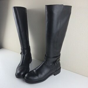 Cole Haan Black Leather Waterproof Knee High Boots Full Zip Buckle Womens 6.5 B